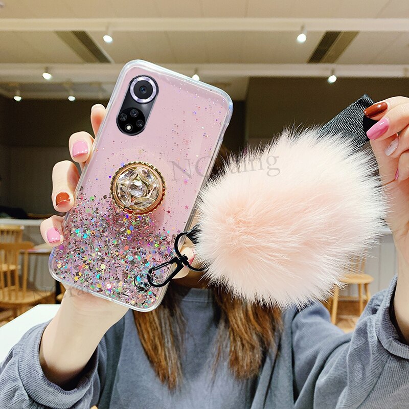 Gsm Case Voor Huawei Honor 50 Min Zachte Tpu Luxe Strass Ring Houder Hariball Met Riem: Roze