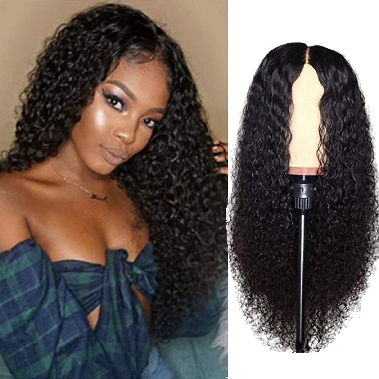 Peluca de pelo rizado negro para mujer, largo sintético Afro, División Midd, fibra resistente al calor, Media peluca atada a mano # g30