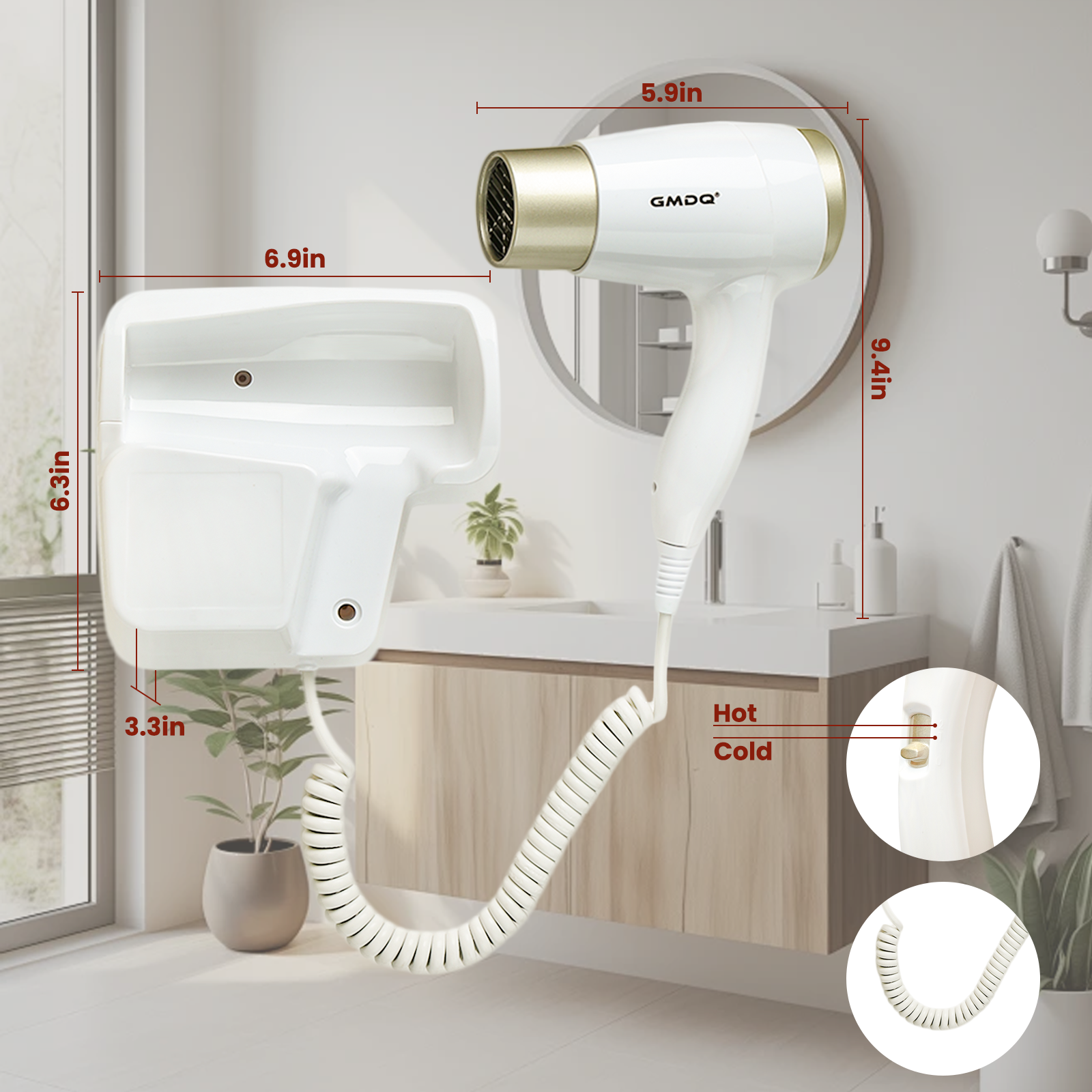 GMDQ secador de pelo de viento y frío, soplador eléctrico de iones negativos con soporte de enchufe, enchufe europeo negro, montaje en pared para baño y Hotel