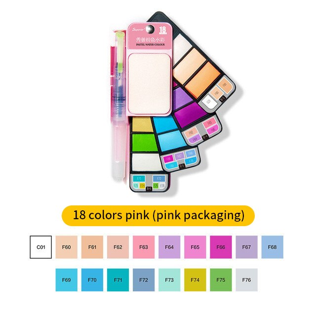 Superior 42Colors Big Set Solid Watercolor Paint With Water Brush Pen Foldable Travel Water Color Pigment For Beginner Student: 18 color pink