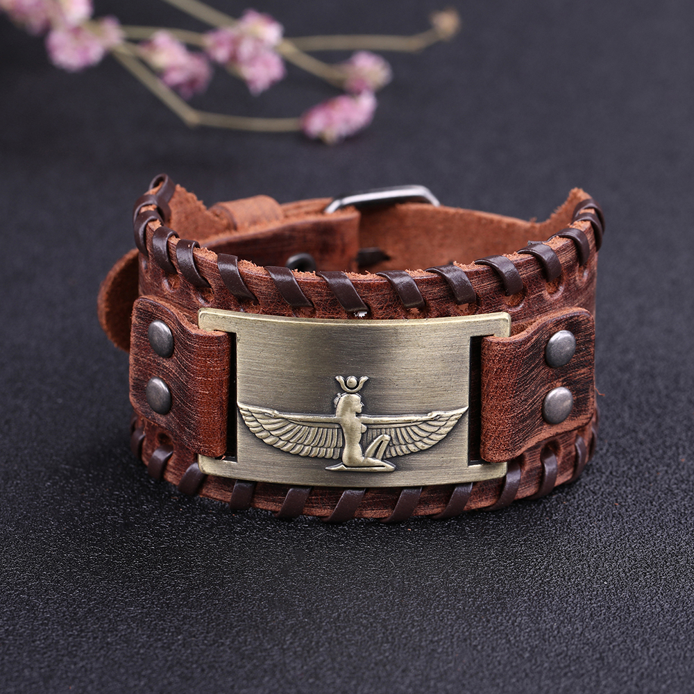 Likgreat Bruine Brede Braid Lederen Armband Koningin Van Egypte Heilige Guardian Bedelarmband Mannen Amulet Cleopatra Vii Charm Sieraden