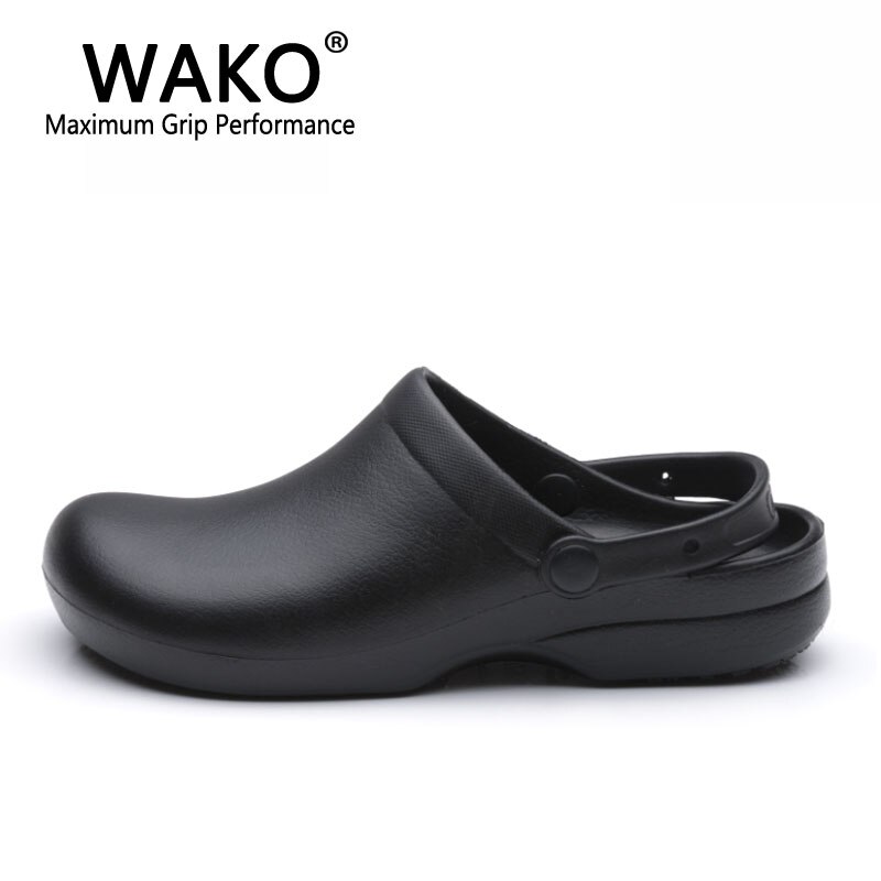 Wako 9011 Mannen Chef Schoenen Super Anti-Slip Keuken Werkschoenen Kok Sandalen Klompen Met Bandjes Slip Op Ademend zwart Maat 36-44