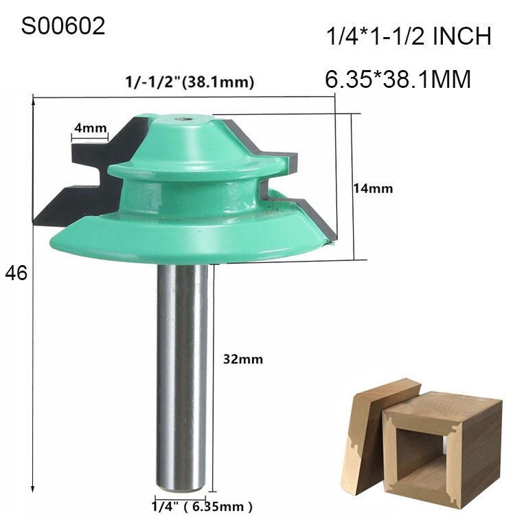 1/2 " 1/4 " 8mm- schachts 45- graden penfrees voor houtverbindingen houtbewerking frees rechte hoek cnc-gereedschapsbit: S00602