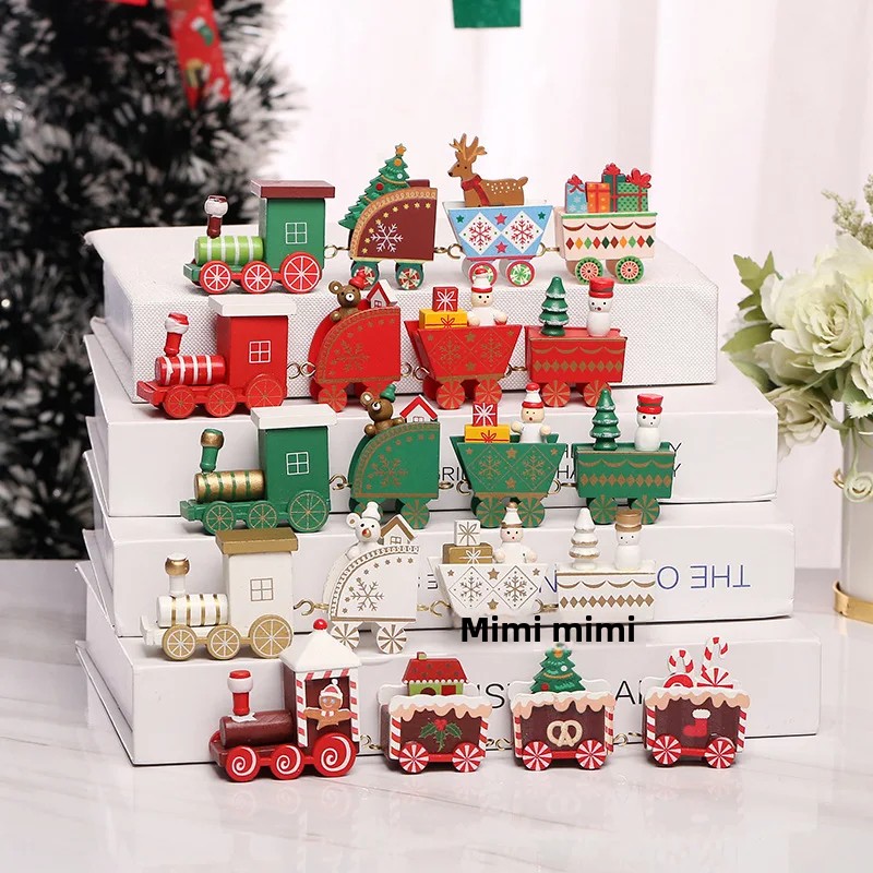 Wooden Christmas Decorations Four Section Train Display Window Tabletop Decoration Children's Cake Decoration Home Use