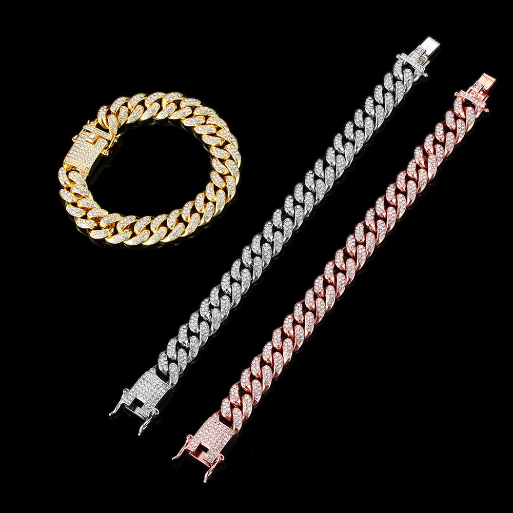 1Pc 14K Vergulde 12Mm Breedte Diamond Cubaanse Armband Luxe Shiny Hip Hop Ingelegd Rhinestone Link Chain vrouwen Mode Armband