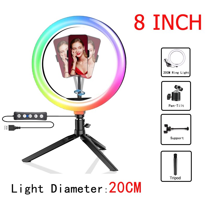 8 Inch /10 Inch Dimmable RGB LED Selfie Ring Fill Light Photo Ring Lamp with Tripod Two Adjustable for Makeup Video Live: Dark Grey