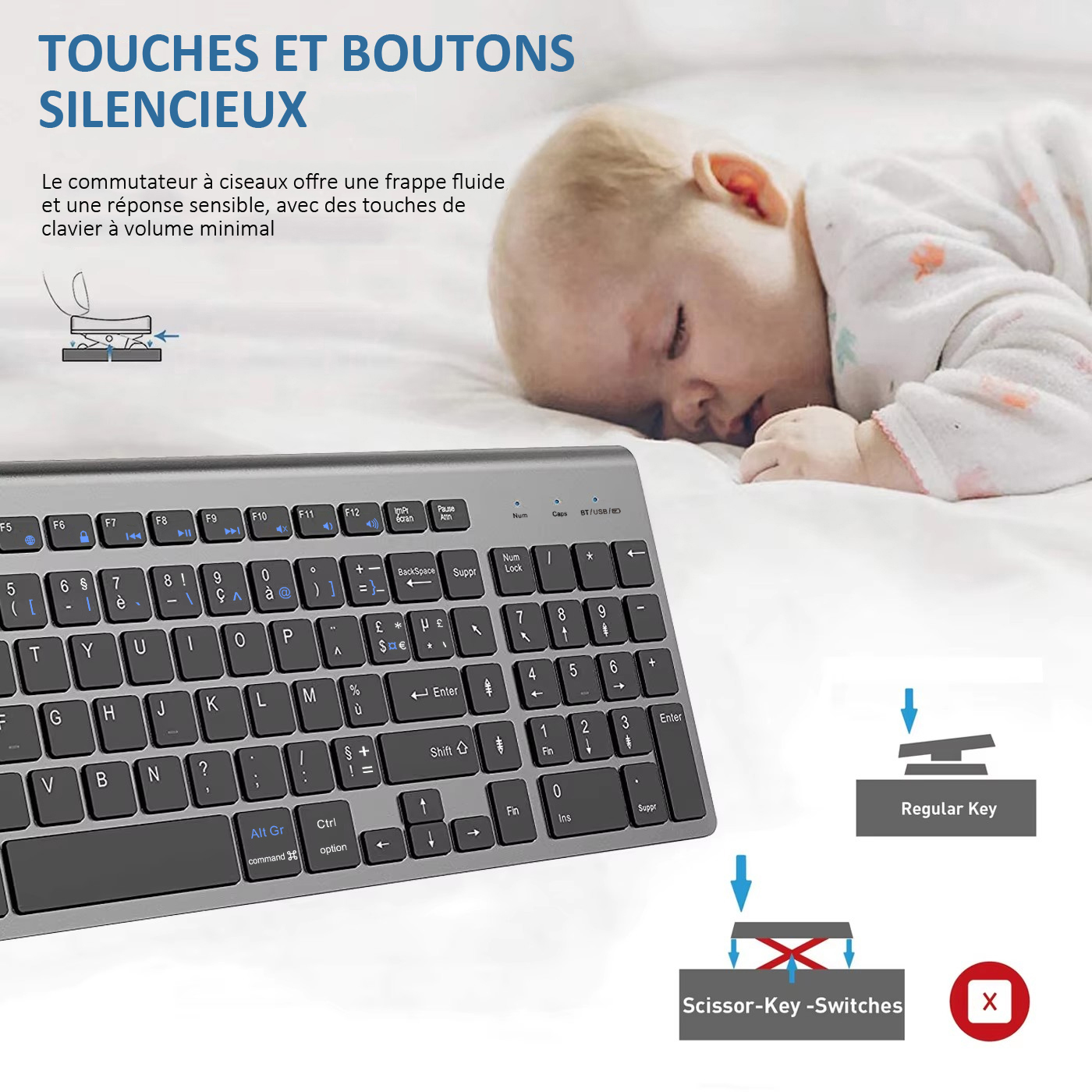 French Wireless AZERTY Layout Keyboard Ultra Slim Dual Mode Three Channel Bluetooth Keyboard for PC Windows IOS Mac Android