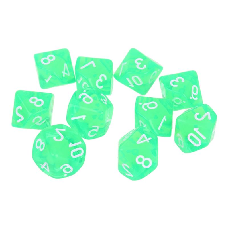 10pcs/set Acrylic Polyhedral Dice Transparent Colors 10 Sided Dices Table Board Playing Game for Bar Pub Club Party D0LB: Green