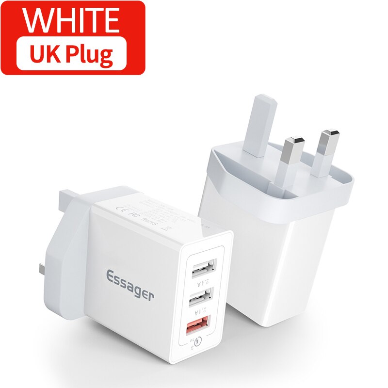 Essager 30W USB Charger QC3.0 QC 3.0 Fast Charging Multi Plug Mobile Phone Charger Wall Adapter For iPhone Samsung Xiaomi mi: UK Plug White