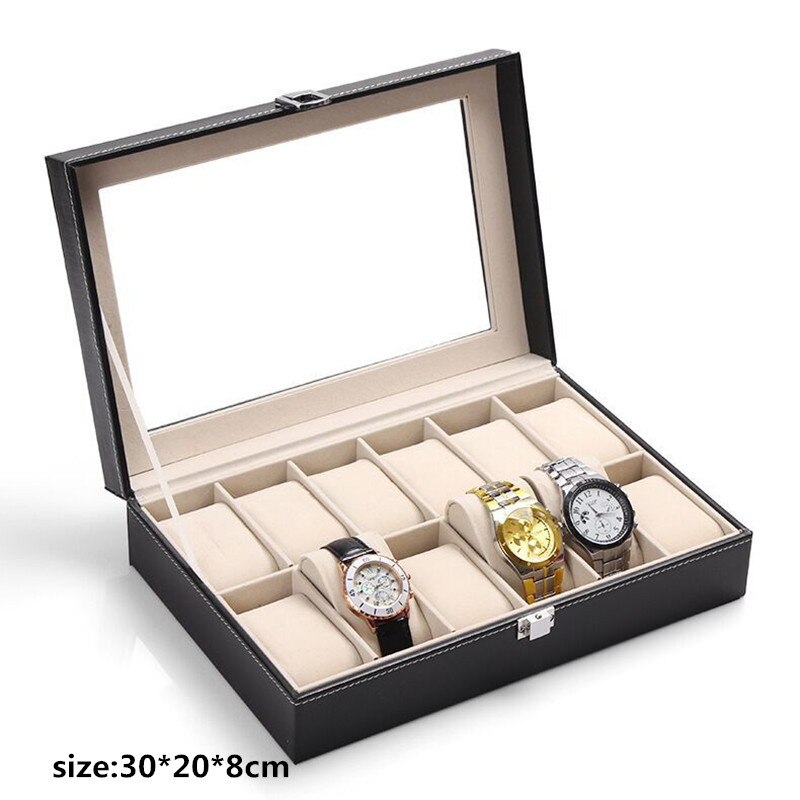Urkasse pu læder vitrineskab holder organisator ur ure smykker opbevaringskasser kasse display bedste #: 12 gitter