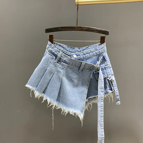 Uregelmæssig Pink Denim Nederdel Dame Sommer Høj Talje Slimming Falsk Todelt A-Line Arbejdstøj Kort Mini Nederdel: L / Lyseblå