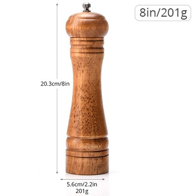 Tresalt- og pepperkvernristere, krydder- og pepperkverner i tre, manuelle urtekverner med justerbart keramisk kjøkkenverktøy: M  (8 tommer)