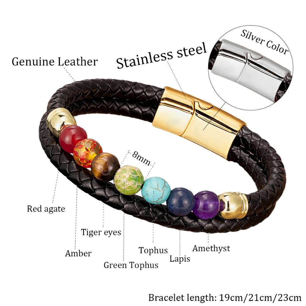 Di modo Naturale Perline di Pietra 7 Chakra Braccialetto Per Le Donne Degli Uomini In Acciaio Inox Braccialetti di Cuoio Genuino Dei Monili Regalo Di Natale