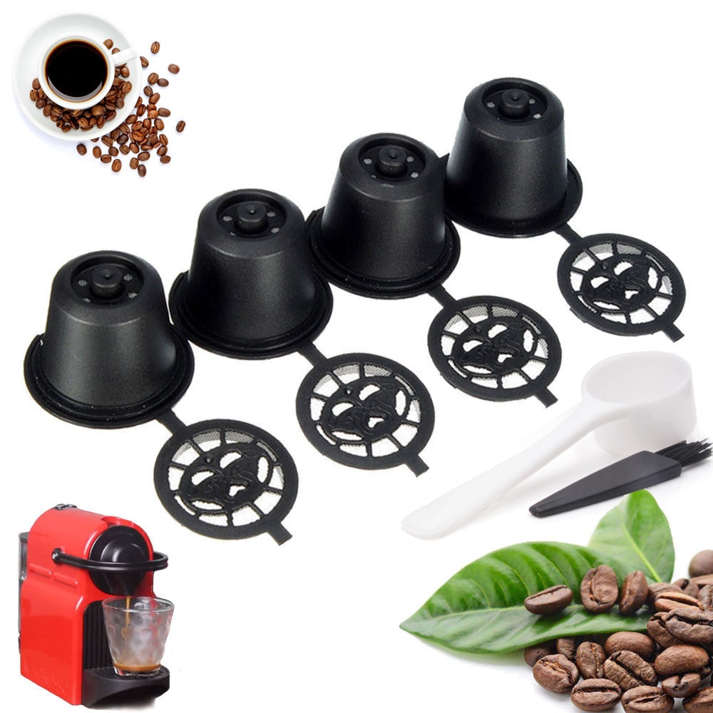 4x gjenbrukbare nespresso kaffekapsler kopp med skje børste svart påfyllbar kaffekapsel påfyllingsfilter kaffe