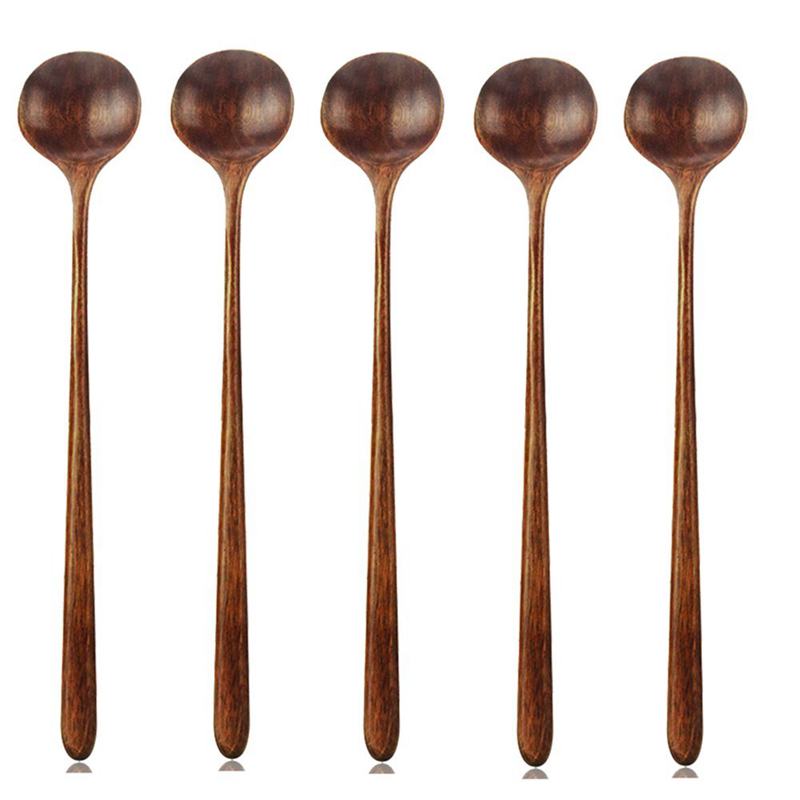 Lange skjeer tre , 5 stykker koreansk stil 10.9 tommer 100%  naturlige tre lange skaft runde skjeer til suppekoking blanding omrører: misligholde tittel