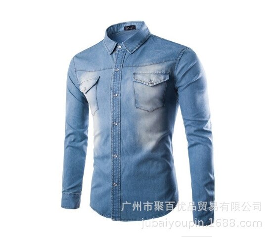 Mænds denim skjorter slim fit langærmet skjorte denim skjorte mænd casual slim fit knap skjorter med lomme herre skjorte: Lyseblå / 3xl