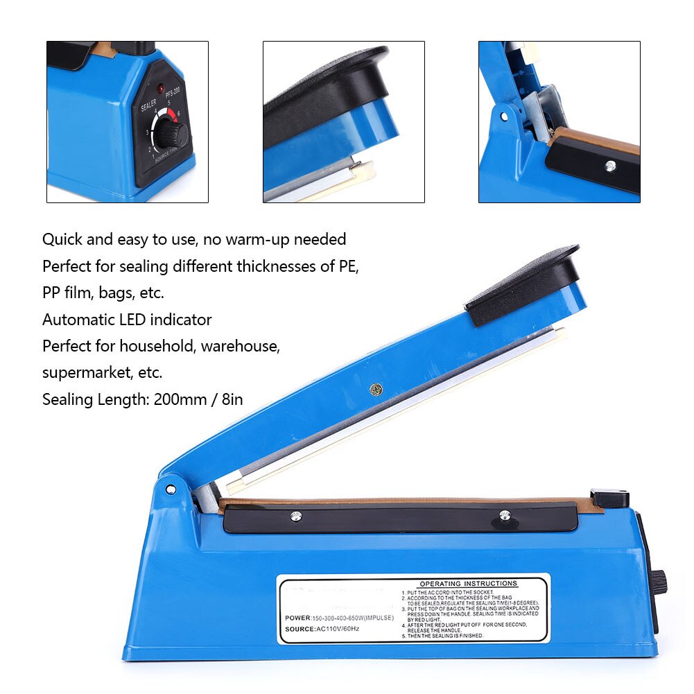 PFS-200 210W Manual Heat Bag Sealer 8in Impulse Sealing Machine Adjustable Timer US Plug AC110V Manual Sealer