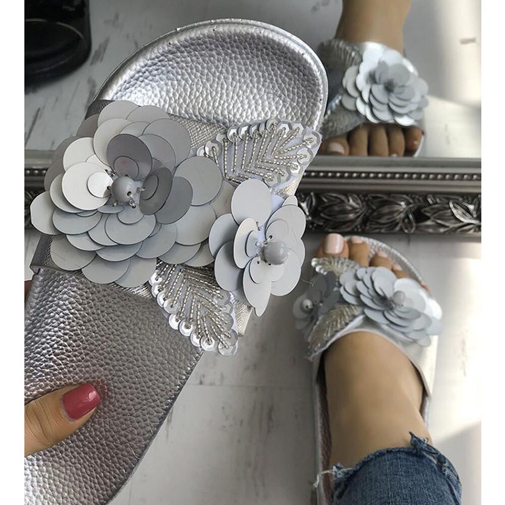 Karinluna slip on sommartofflor kvinna skor bekväma platta klackar ins tofflor hona: Silver- / 6