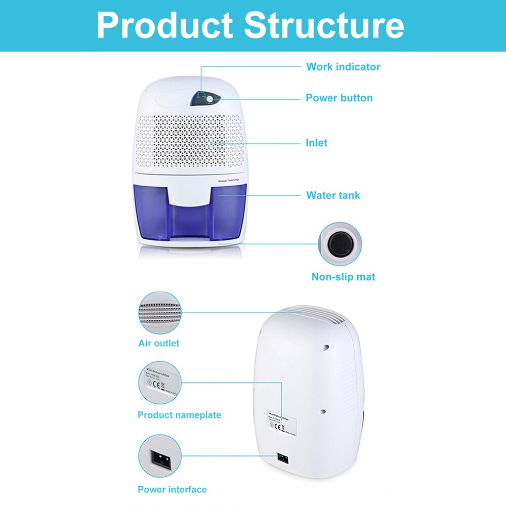 Mini secador de aire eléctrico absorbente, deshumidificador de humedad con tanque de agua de 500ML para el hogar, dormitorio, cocina y oficina