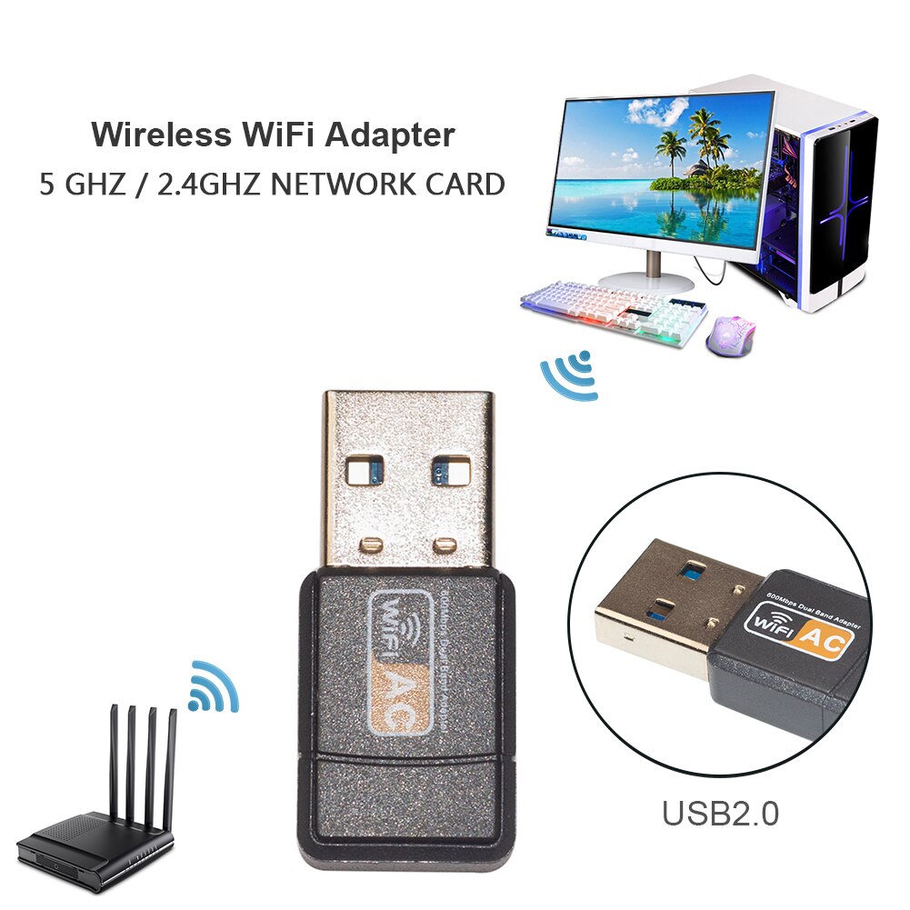 Wireless Ethernet Dongle Receiver USB Stereo Music Wireless Adapter 2.4GHz 5GHz 600Mbps USB WiFi Adapter Dual Band