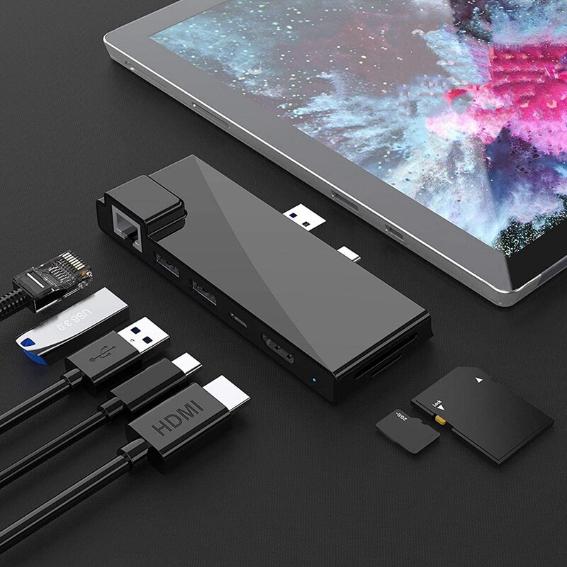 Surface Pro 7 Dock Hub, adaptateur 7 en 2 Surface Pro avec 4K, chargement USB C PD, 2 ports USB 3.0 (5Gbps)