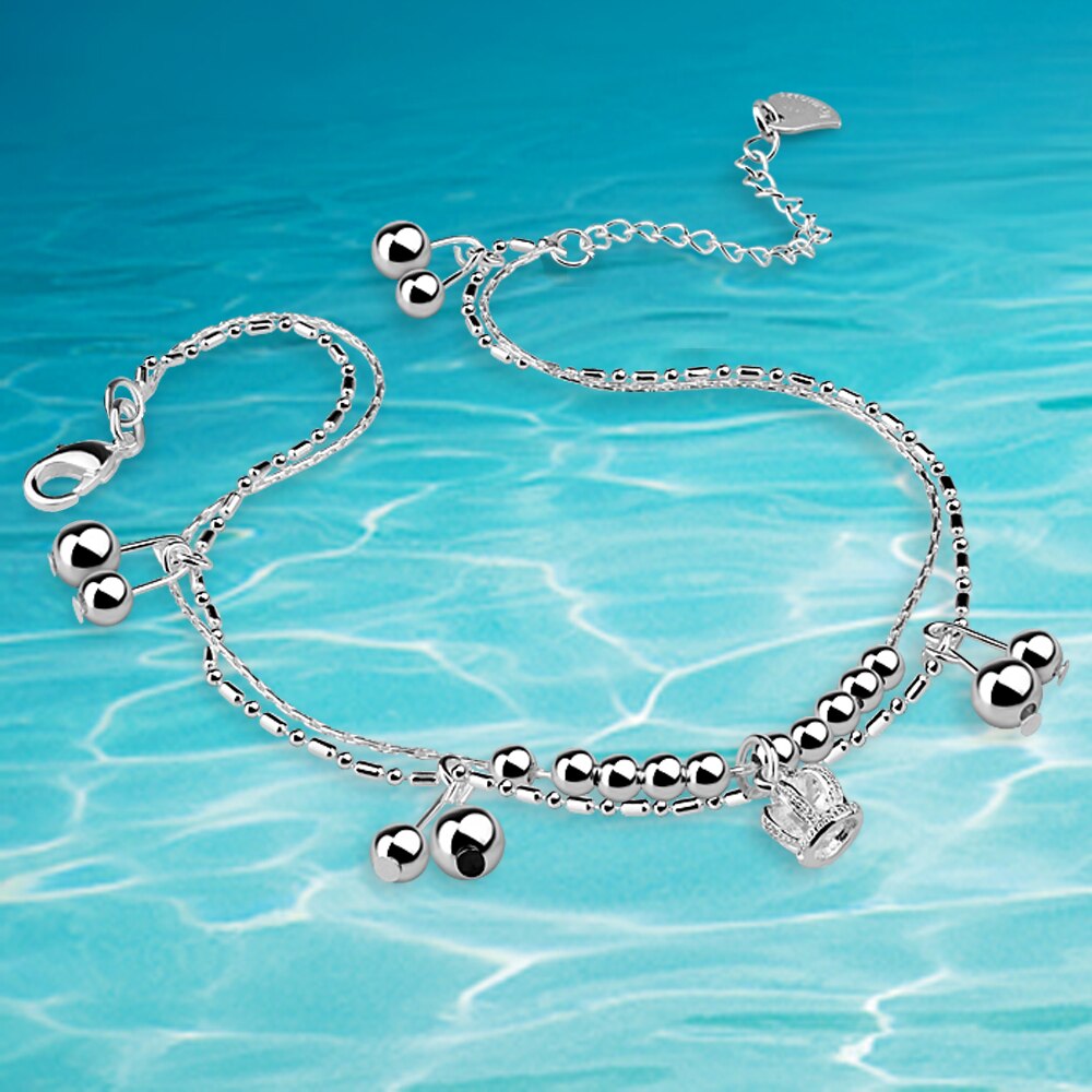Doppelreihiges perlenketten-fußkettchen für damen, sommer-barfußsandalen, 925 silberne armbänder, boho-strand-fußschmuck