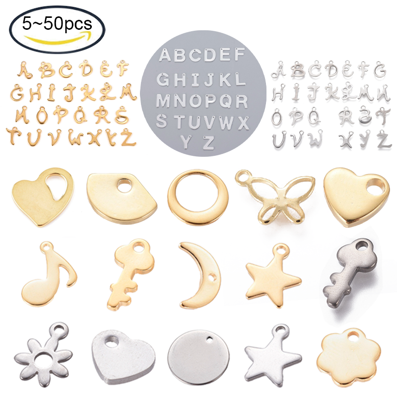 Abalorios de acero inoxidable 304 para fabricación de joyas, accesorio para hacer joyas DIY (mariposa, corazón, flor, llave, Luna, nota Musical, anillo, Estrella redonda plana), 5 ~ 20 piezas