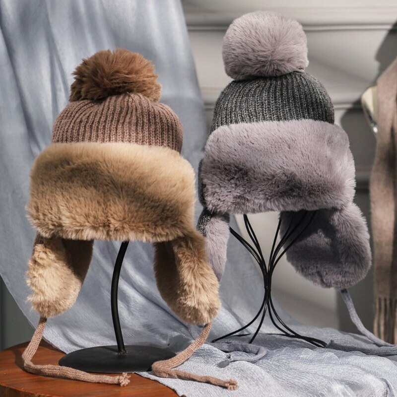 Kvinner vinterstrikk pom pom fangstmann lue tykk fluffy plysj termisk varm snø ski vindtett ensfarget lue øreklaff lokk