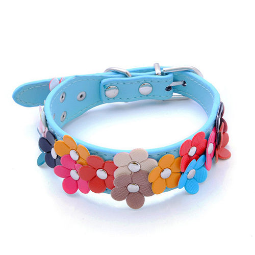 Colours Flower Studded Dog Coller Collar Pu Leather Pet Puppy Cat Neck Strap: Blue / M