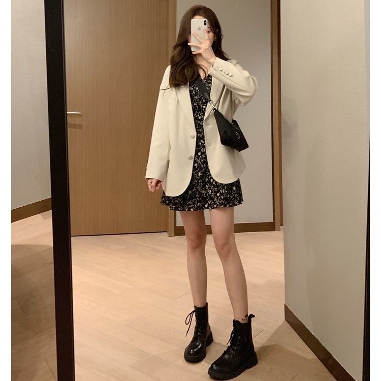 nie-główny nurt smażony garnitur uliczny, żeńnarty jesienno-zimowy koreańnarty luźny kombinezon kurtka krótka sukienka kwiatowa [dostawa w ciągu