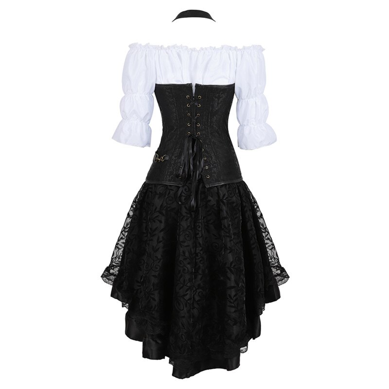 Drei-stück Steampunk Korsett Kleid PU Leder Korsetts und Bustiers mit Felsen gotisch retro Kostüm Burleske Felsen Plus Größe 6XL