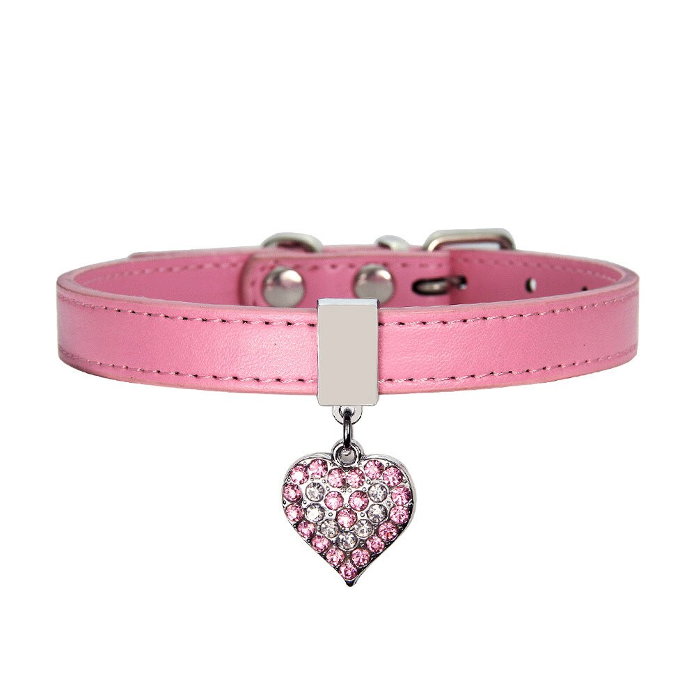 Collar de cuero para perro y gato, Collar ajustable para cachorros y gatitos con estrás, Collar de plomo con corazón ostentoso para gatos pequeños, accesorios para mascotas