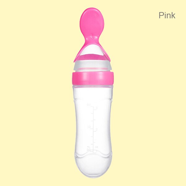Beeshum 90ml Baby Squeezing Feeding Spoon Safety Silicone Training Baby Bottle Spoon Infant Cereal Food feed Spoon baby gadgets: pink round bottom