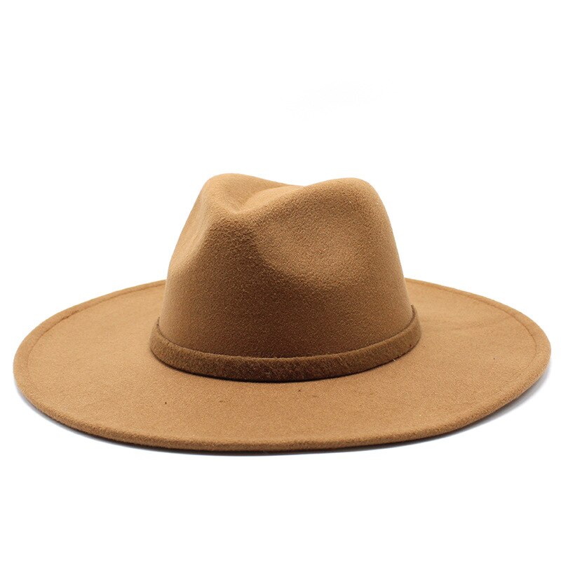 9.5CM Women Men Big Wide Brim Wool Fedora Hat British Style Winter Gentleman Lady Jazz Church Hats: light brown
