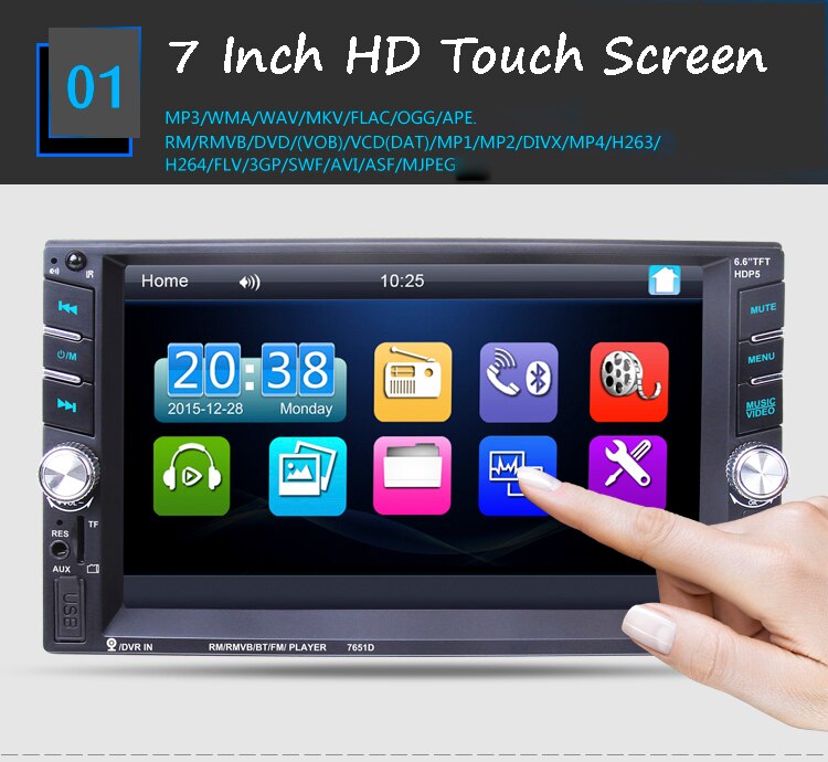 2 Din Bluetooth Car Radio 6.6" hand-free USB/AUX/SD 12 languages Touch Screen FM Remote Control Stereo MP5 Player