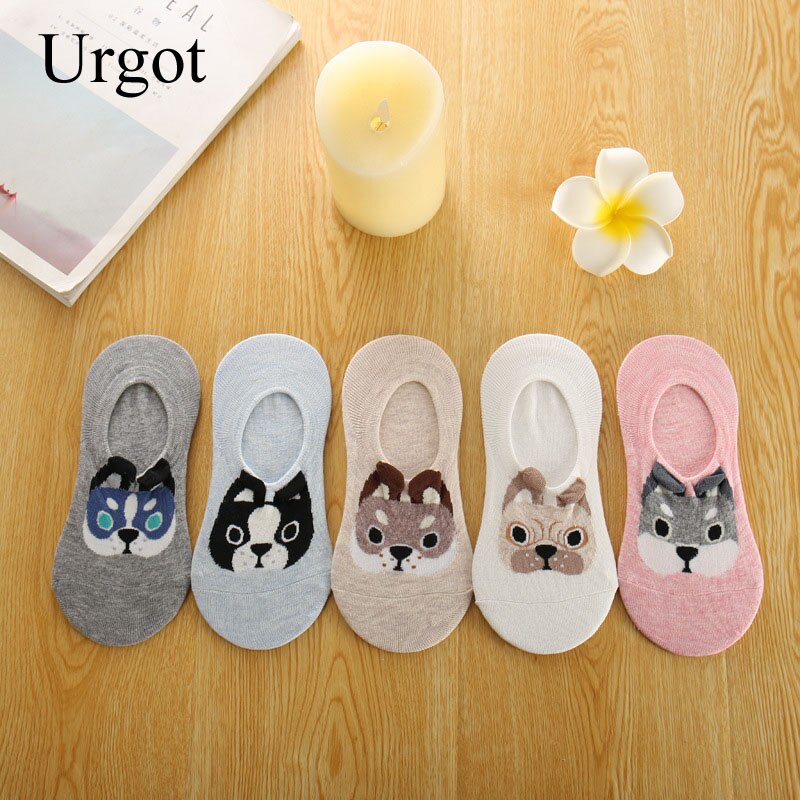 Urgot 5 Pairs Womens Socks Invisible Cute Three-dimensional Cartoon Dog Short Socks Silicone Anti-skid Female Cotton Socks Meias