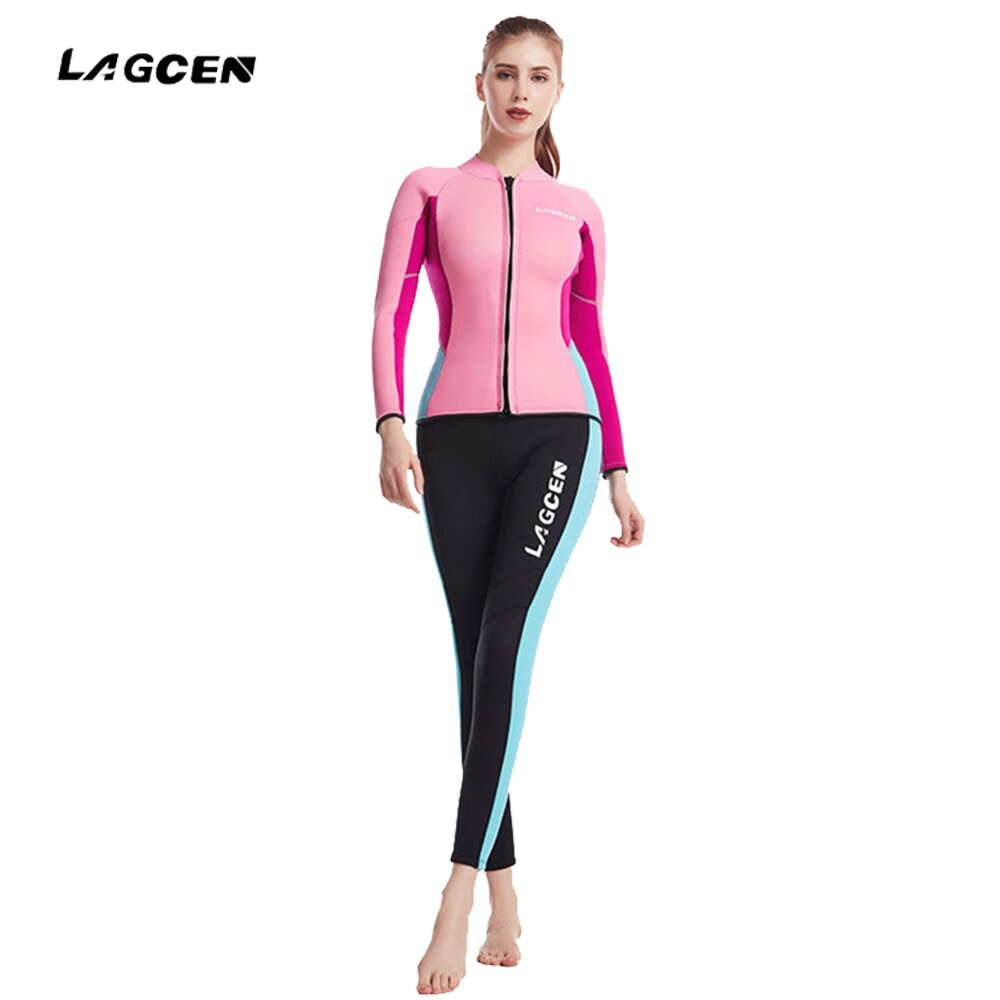 Traje de neopreno de manga larga para mujer, traje de buceo de 2,5 MM, conjunto de 2 piezas para surf y esnórquel, cálido y frío: Pink / S