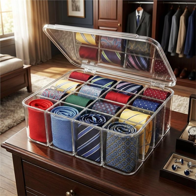 B84B-Tie Box Schubladen-Organizer für Socken und Unterwäsche, 16-Fächer Transparente Kunststoff-Aufbewahrungsbox mit Deckel und Verstellbarem Trennsystem