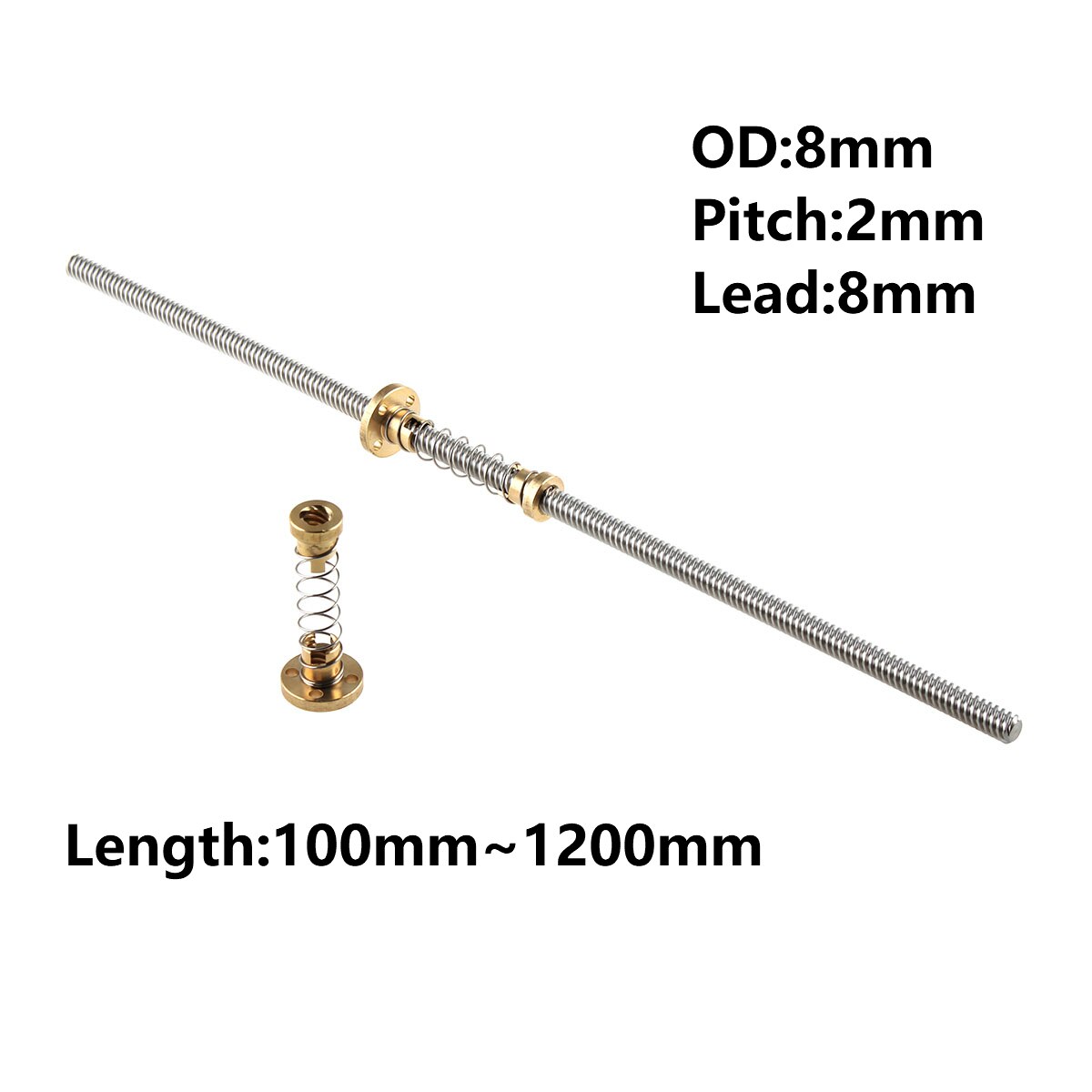 T8 lead screw 300mm 400mm 500mm 600mm 1000mm 1200 mm picth 2mm lead 8mm + Anti Backlash Spring Loaded Nut 3D Printer Parts