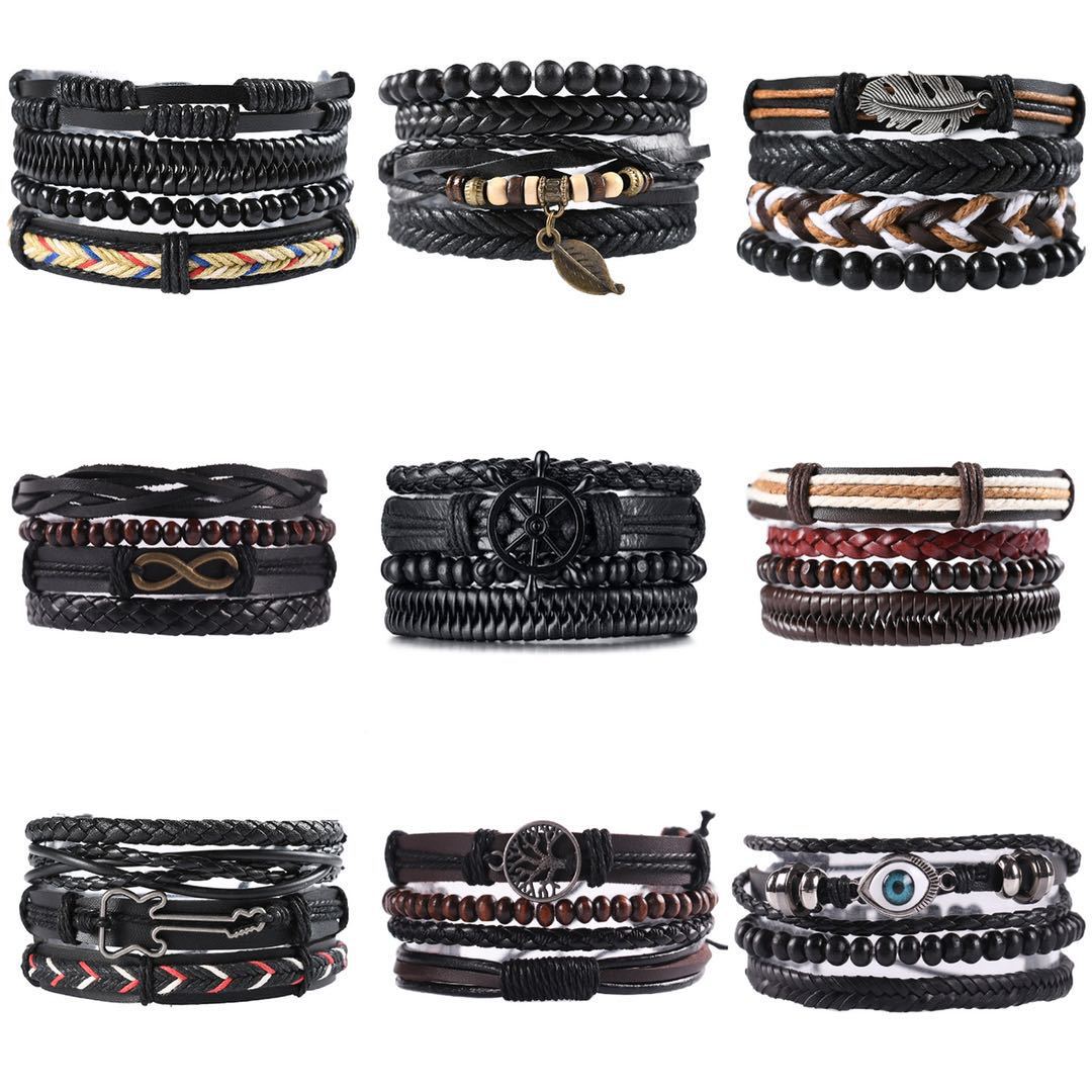 KaiMin 4pcs/ set Adjustable Leather Bracelets for Men Braided PU Black Brown Bangle Life Tree Leaf Rudder Charm Bracelet