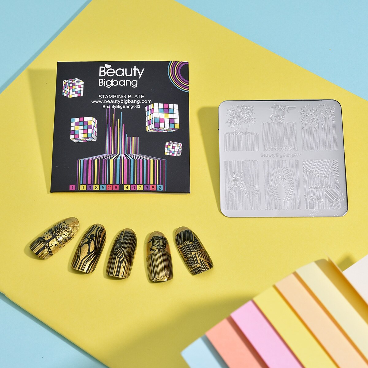 Plantillas para estampación de uñas BeautyBigBang, plantillas para estampado a rayas con código de barras, plantillas para imágenes de árbol de cebra, plantilla rectangular para estampación de uñas BBB 033