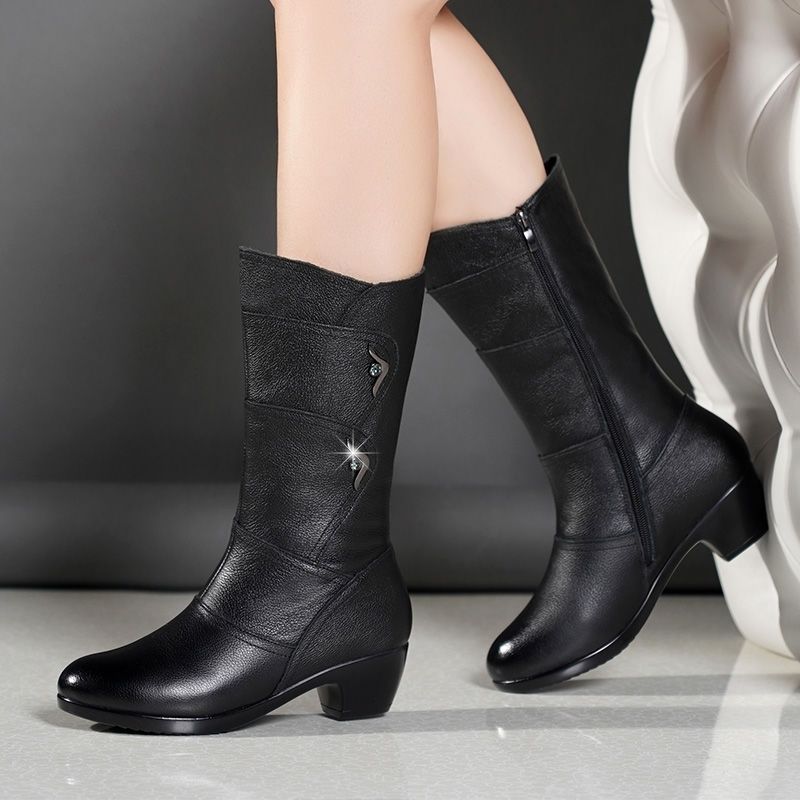 Botas de tacón grueso para mujer, zapatos de algodón con cremallera, cálidos, para otoño e invierno,