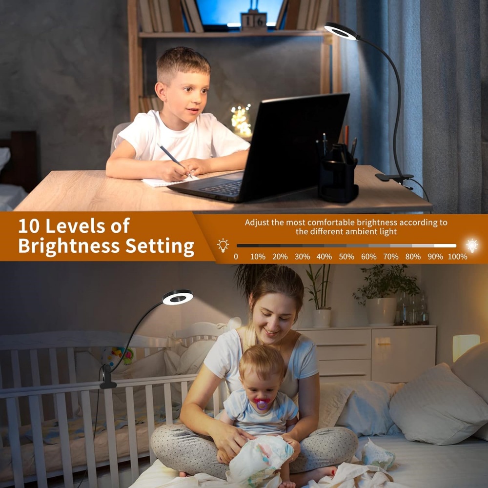 LED-leeslamp met klem 3 kleuren en 10 helderheid Bureaulamp Flexibele zwanenhals Boeklamp Kinderen lezen Nachtlampje Boeklicht