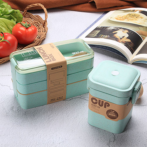 Health Material 3 Layers Lunch Box Microwavable Japanese Bento Food Container Eco-Friendly Wheat Straw 900ml Lunchbox