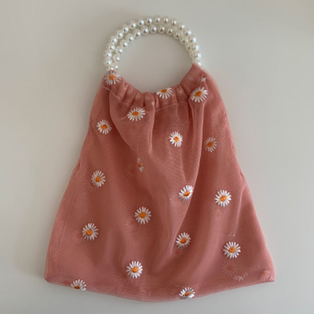 Nueva bolsa de tela transparente para mujer, bolsa para compras cómoda con pequeñas margaritas y apliques de malla, bolsa de tela bordada, bolsa ecológica: Pink