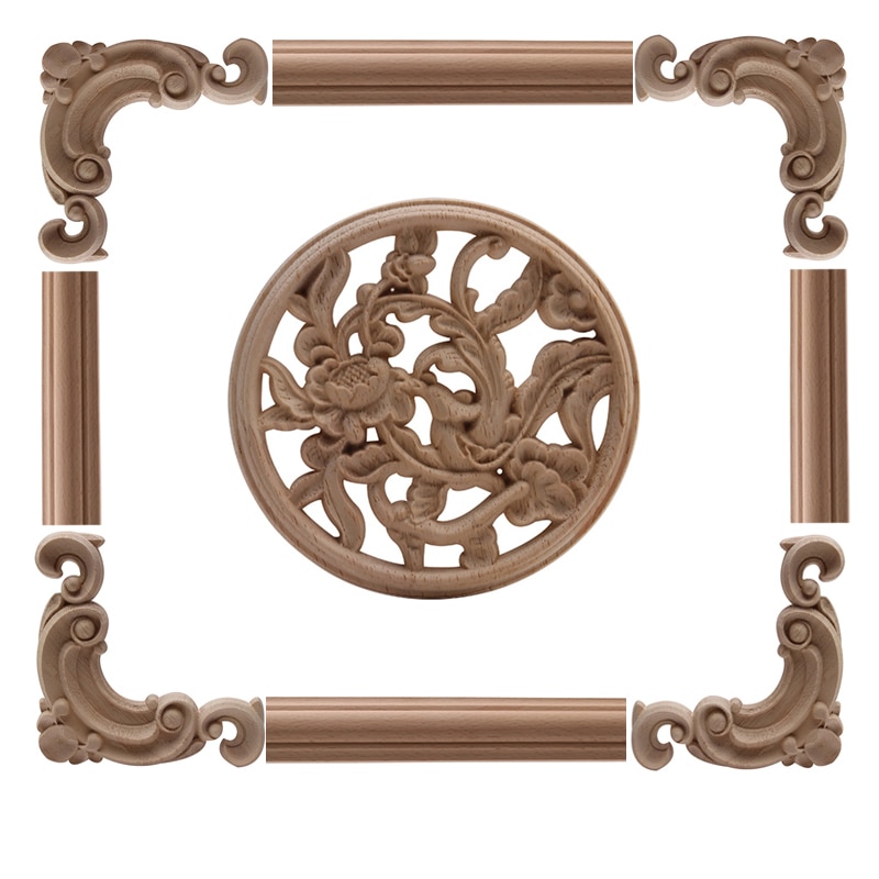 Hout Mouldings Hout Applique Carving Lijnen Onlay Retro Natuurlijke Gesneden Bloem Oval Bloemen Houten Kast Hoek Thuis Deuren