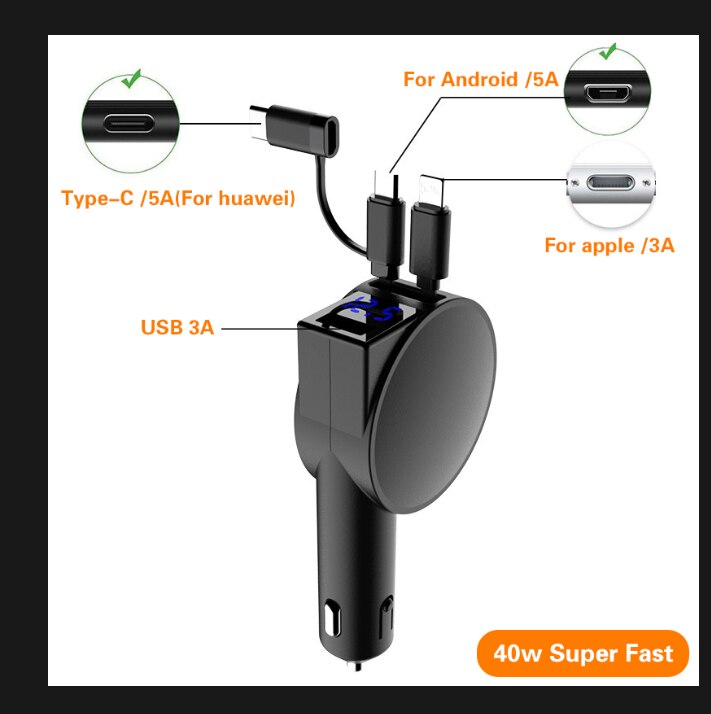 Drei-in-eins-autoladegerät mit zwei ausziehbaren kabeln 60w schnellladeadaptern und einem usb-c-anschluss für iphone und android.: Schwarz