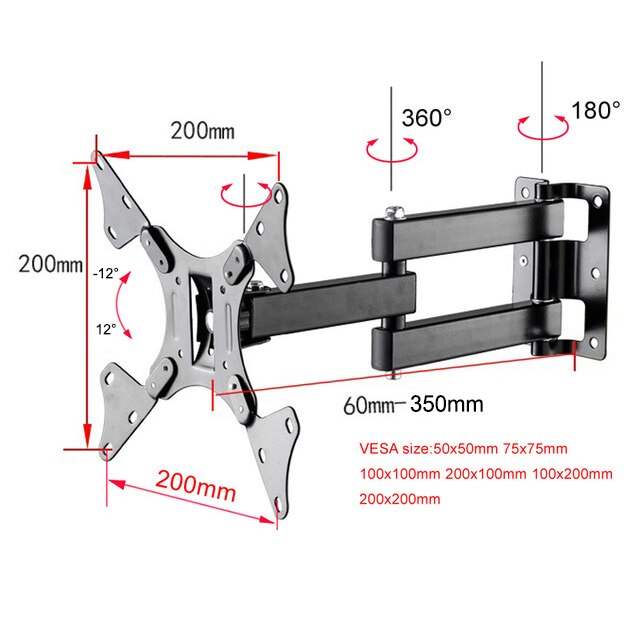 12-37Inch Retractable TV Wall Mount Bracket Loading 15Kg Full Motion Bracket Mount for Flat Sn Up To 200X200Mm