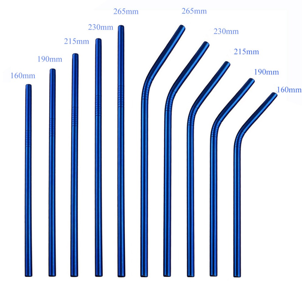 Jankng 2 stuks kleurrijke blauwe rietjes 304 roestvrijstalen rietjes 16/19/21/23/26cm drinkrietjes herbruikbare gebogen metalen rietjes met borstel