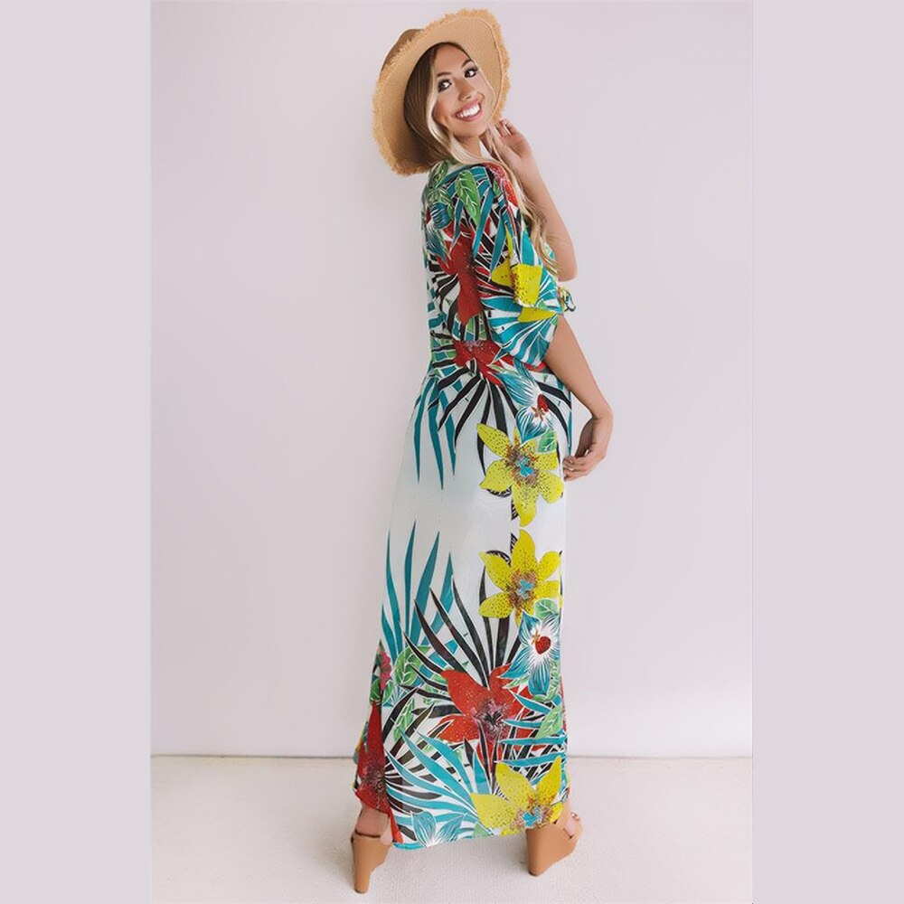 Túnica de playa para mujer, vestido bohemio con estampado Floral, vestido envolvente de playa para mujer, ropa de playa de algodón con abertura en la parte delantera, Pareo Sarong Plage